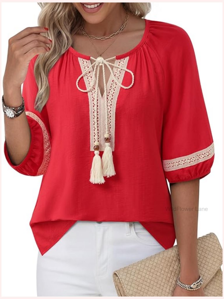 V Neck Tie Front Blouse Flowy Half Sleeve Boho Peasant Top Dressy Casual